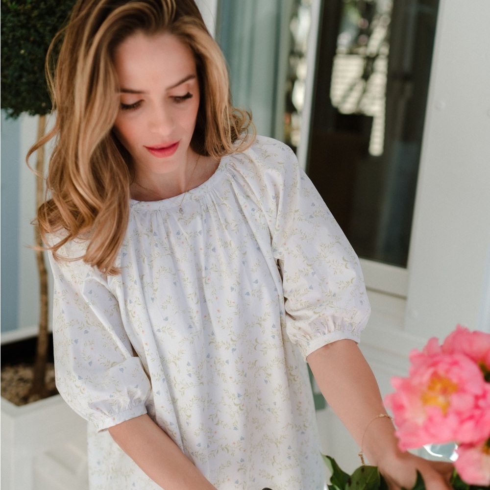 Cream Floral Puff-Sleeve Mini Dress